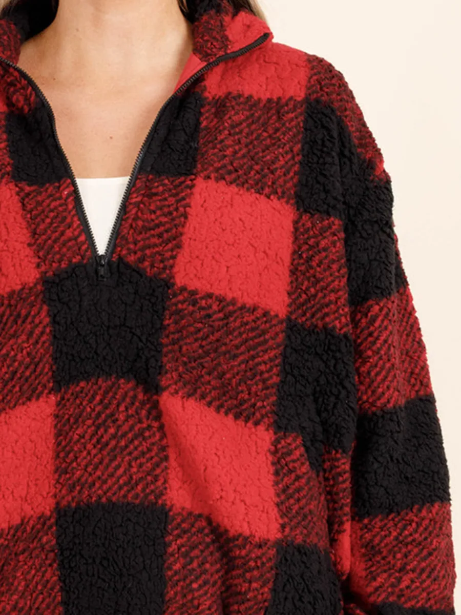 Red plaid zippered pocket hoodie