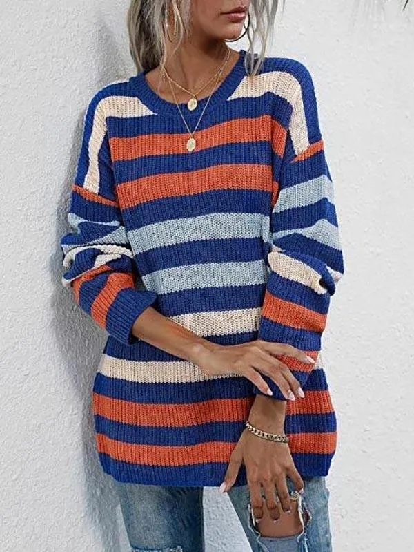 Crew Neck Drop Shoulder Mixed Stripes Sweater