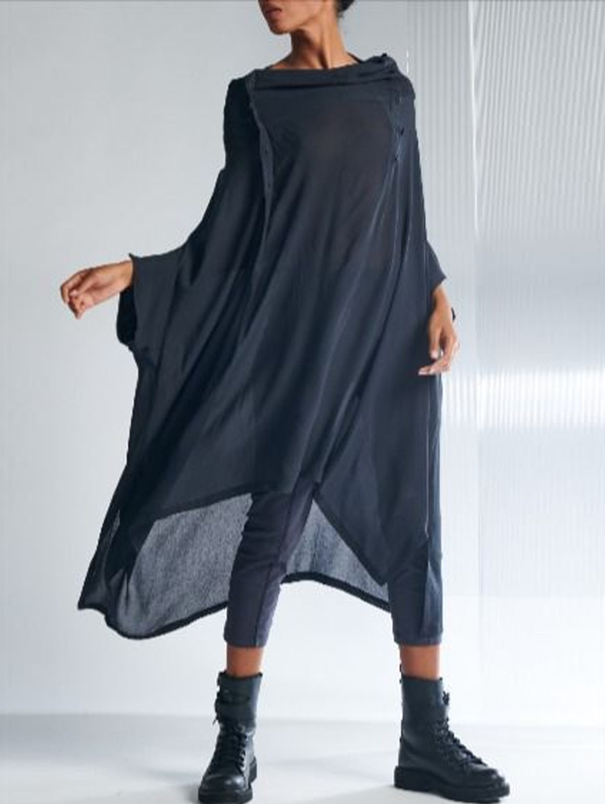 Casual Plain Cowl Neck Half Sleeve Asymmetrical Hem Midi Dress