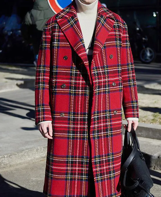 Plaid Christmas Notch Lapel Double Breasted Long Coat