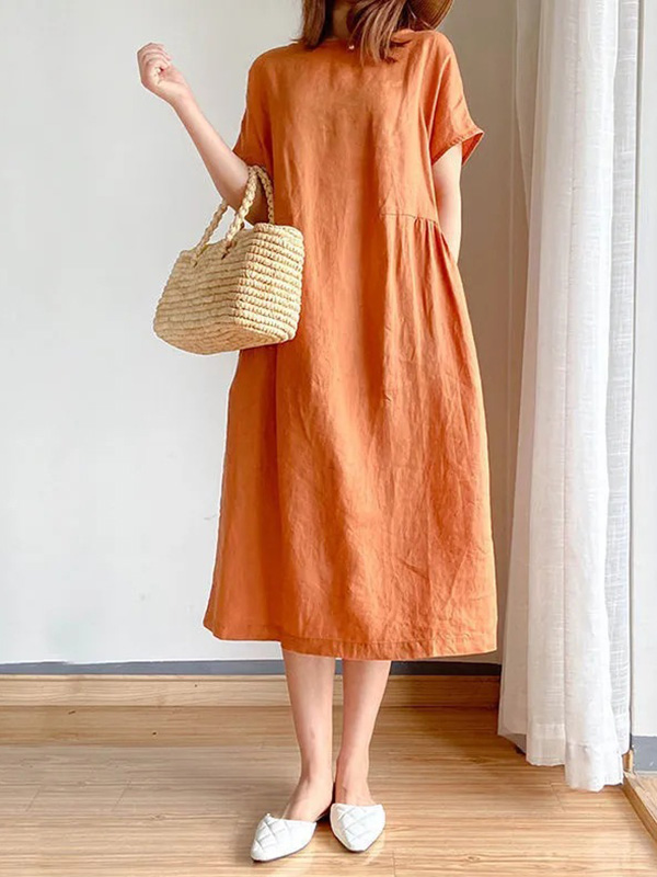 Casual Loose Solid Color Round-Neck Midi Dresses