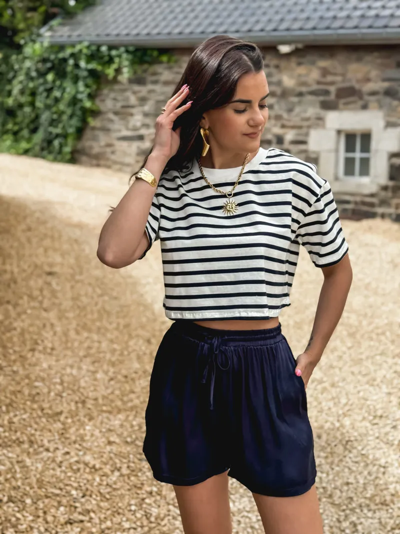 JANE STRIPED CROP T-SHIRT - NAVYWHITE