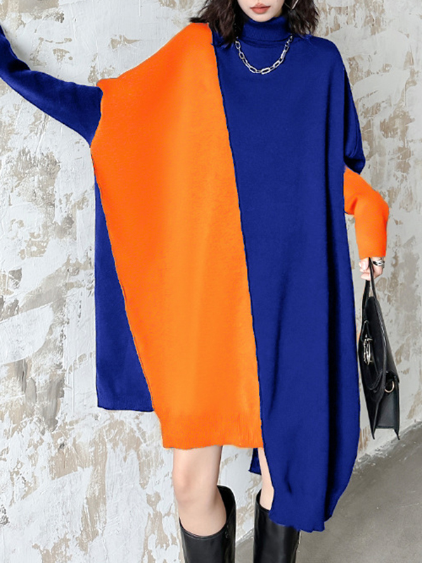 Batwing Sleeves Long Sleeves Asymmetric Contrast Color Split-Joint High Neck Midi Dresses Sweater Dresses