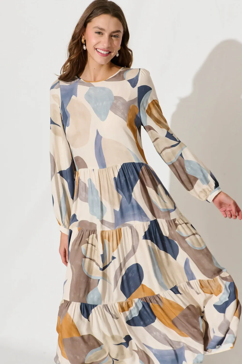 Lolita Midi Smock Dress In Multi Swirl Linen Blend