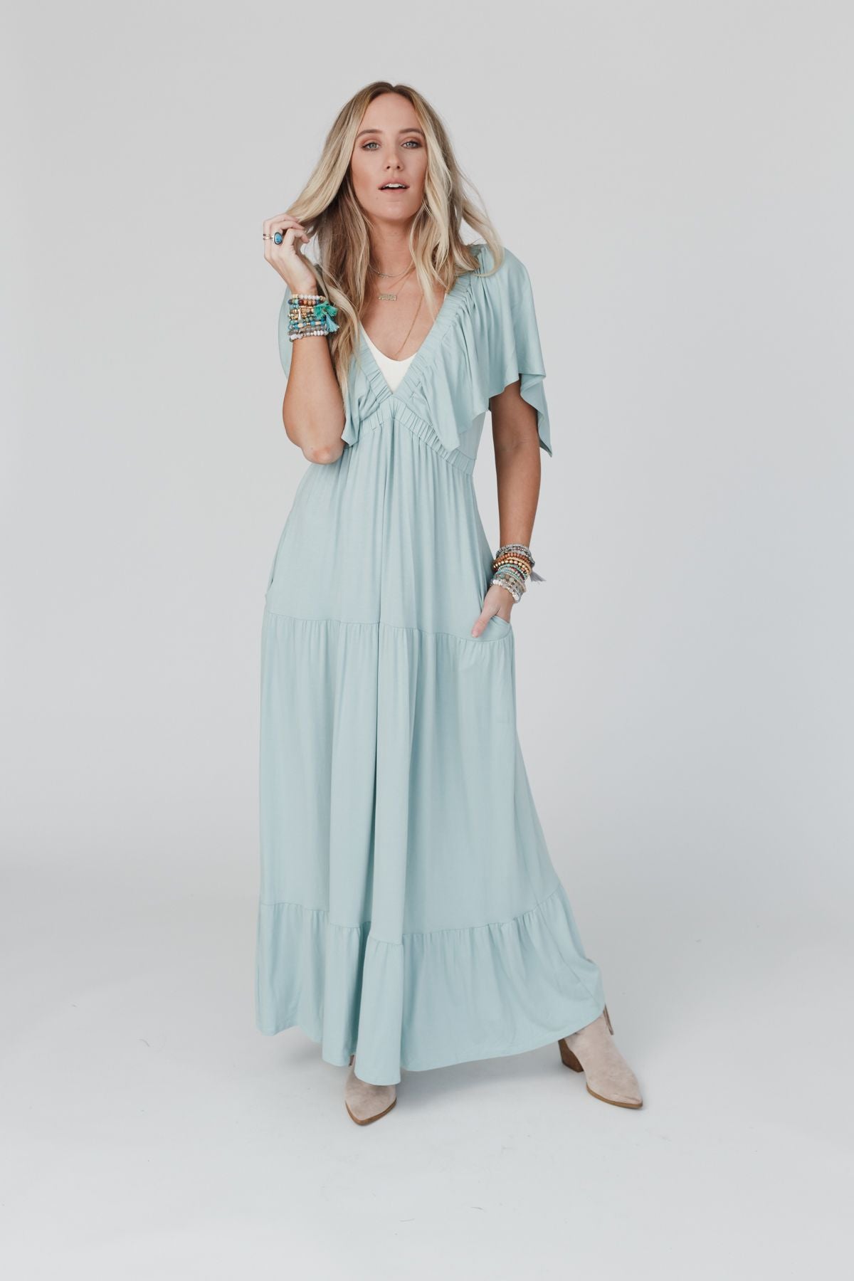 On Repeat Open Back Ruffle Maxi Dress - Seafoam