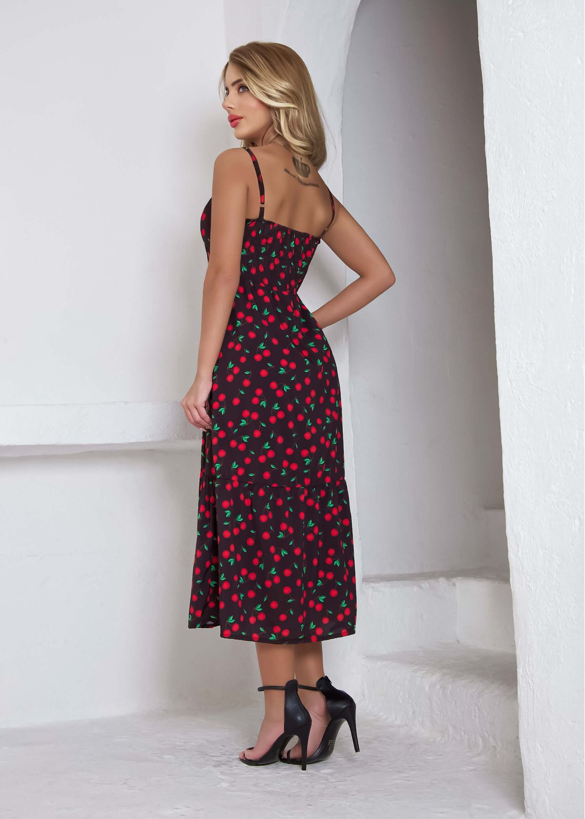 Cherry Button Midi Dress - M;Black