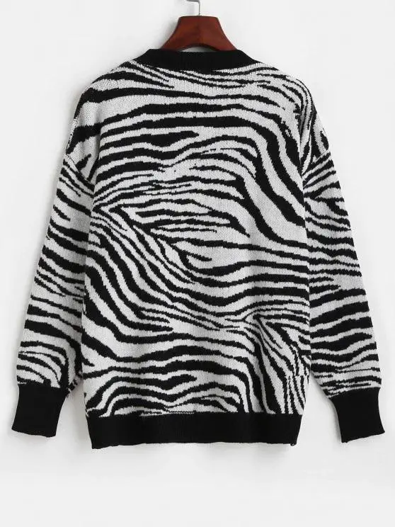 Crew Neck Drop Shoulder Zebra Sweater