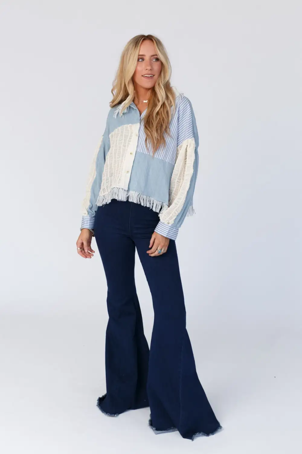 Juni Fringe Button Up Top - Blue Multi