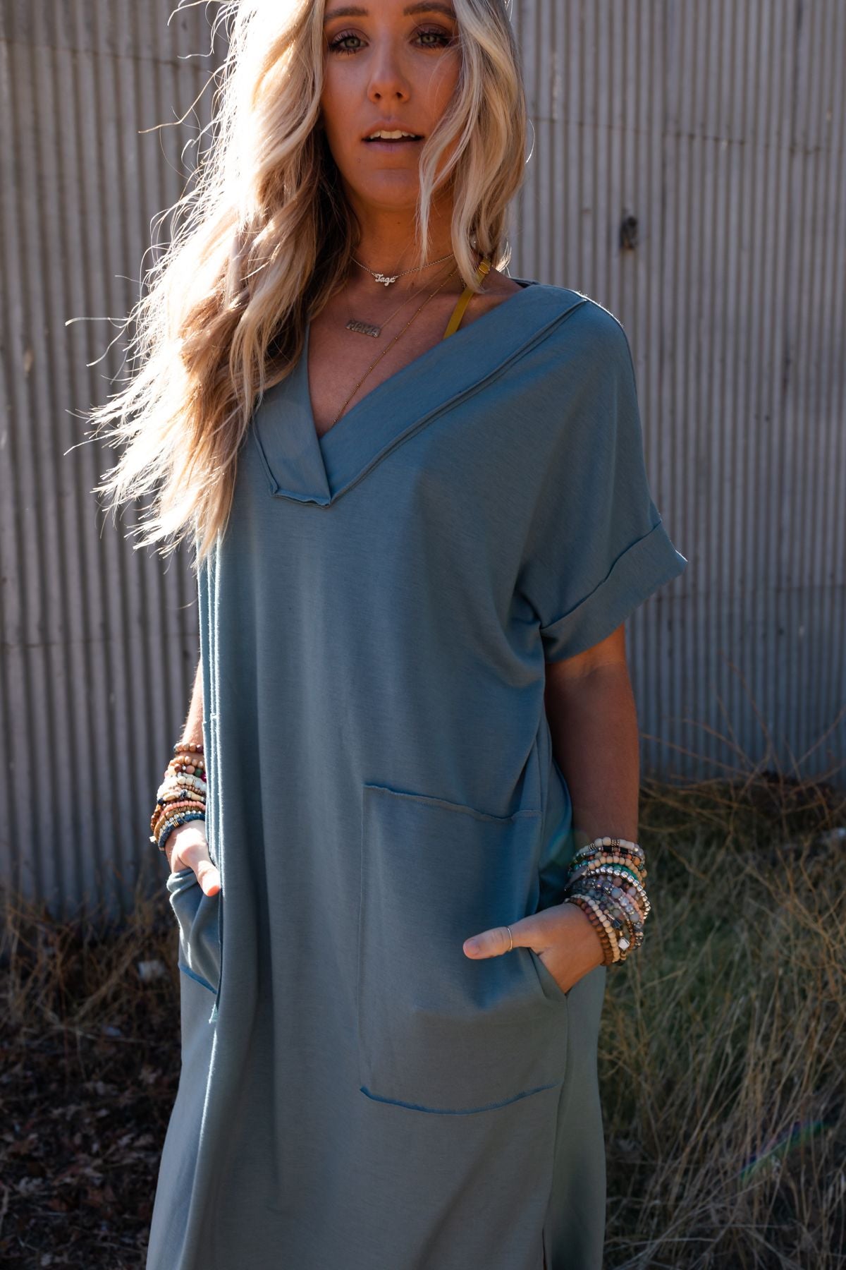 On The Go Round Hem Pocketed Midi Dress - Teal