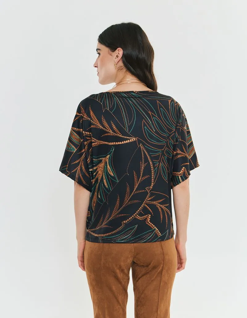 Printed Blouse Foliage Topstitching - Black