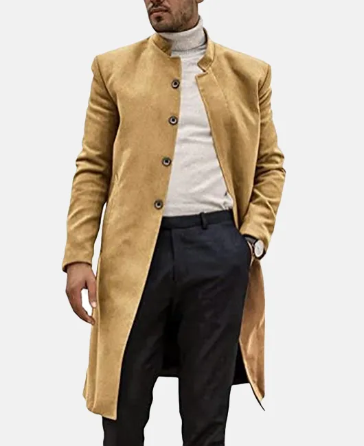 Daily Stand Collar Single Breasted Plain Long Wool Coat