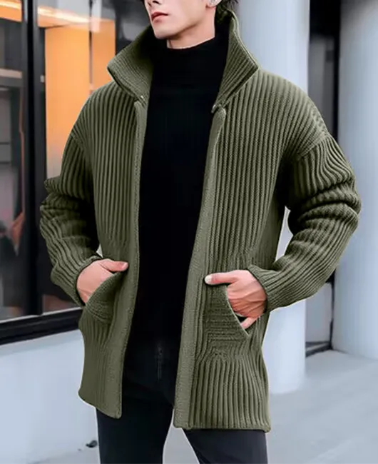 Daily High Neck Slant Pockets Rib Knit Solid Sweater