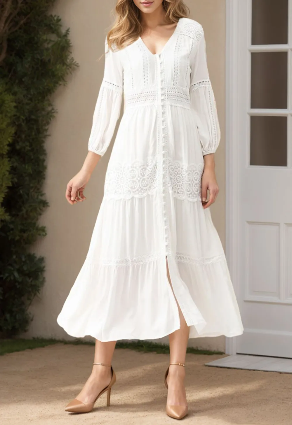 BUTTON DOWN CROCHET EMBROIDERED BOHO MAXI DRESS IN WHITE