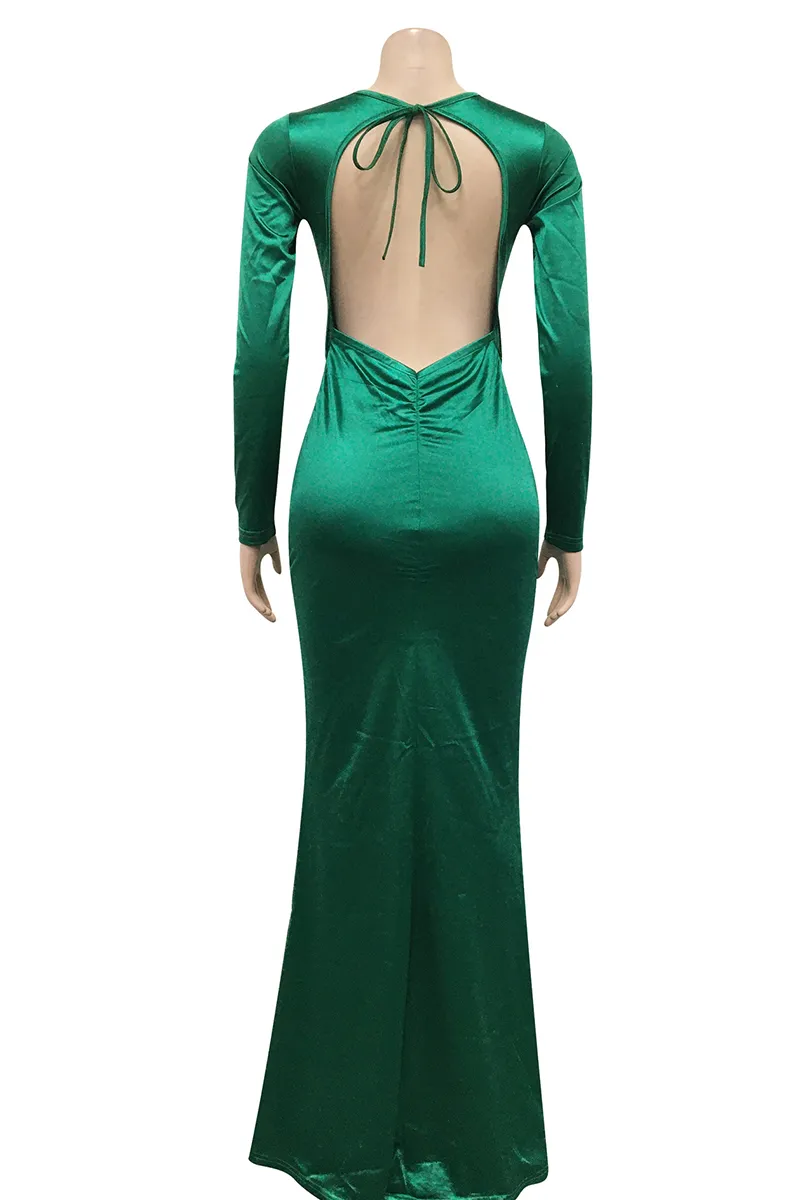 Green Fashion Sexy Solid Backless V Neck Long Sleeves Evening Dress