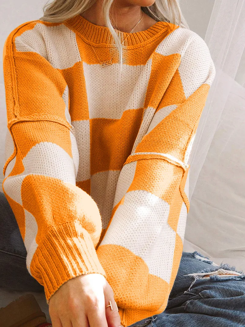 Orange Checkered Bishop Sleeve Sweater