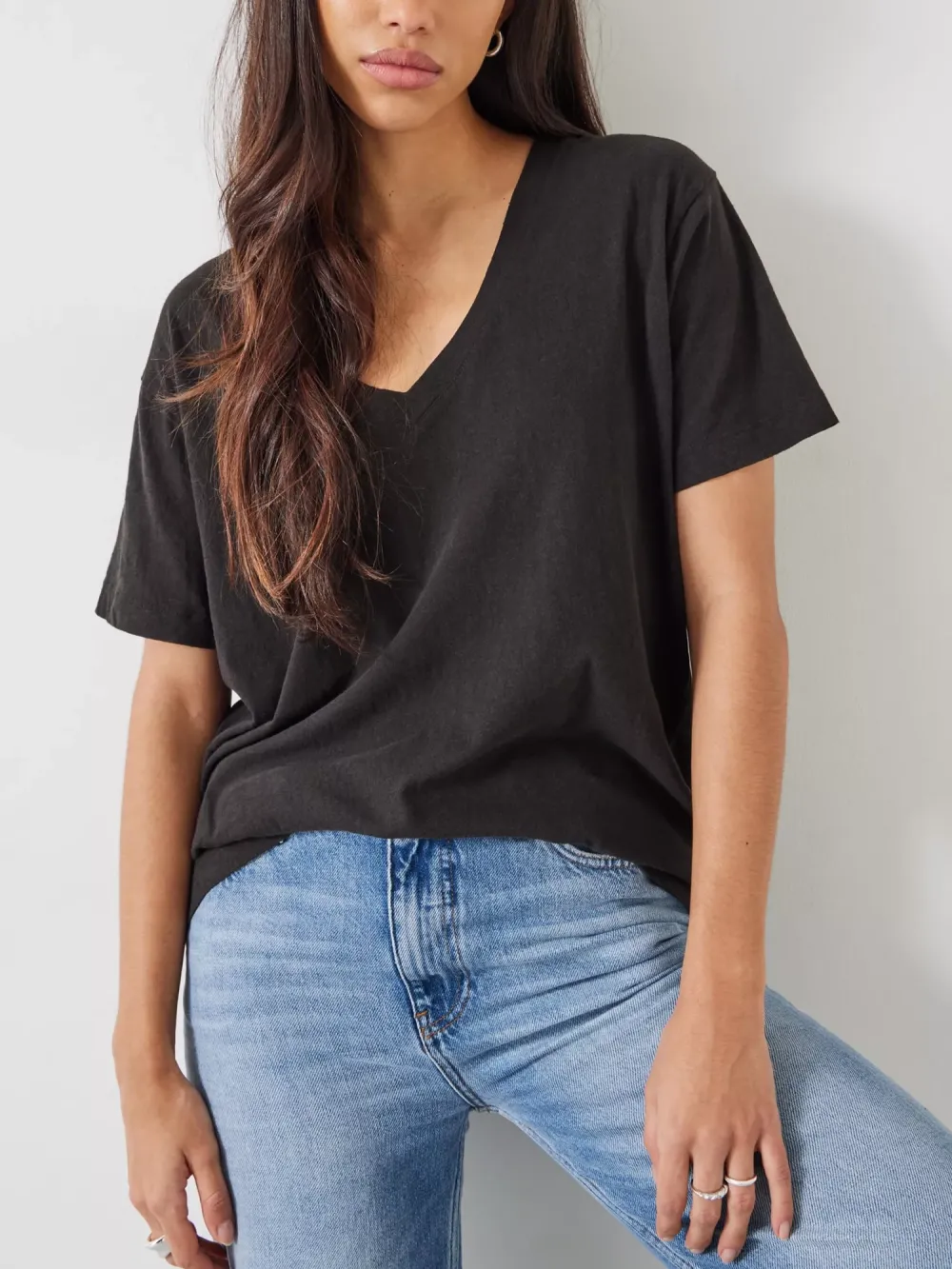 Plain Deep V-Neck Linen Blend T-Shirt