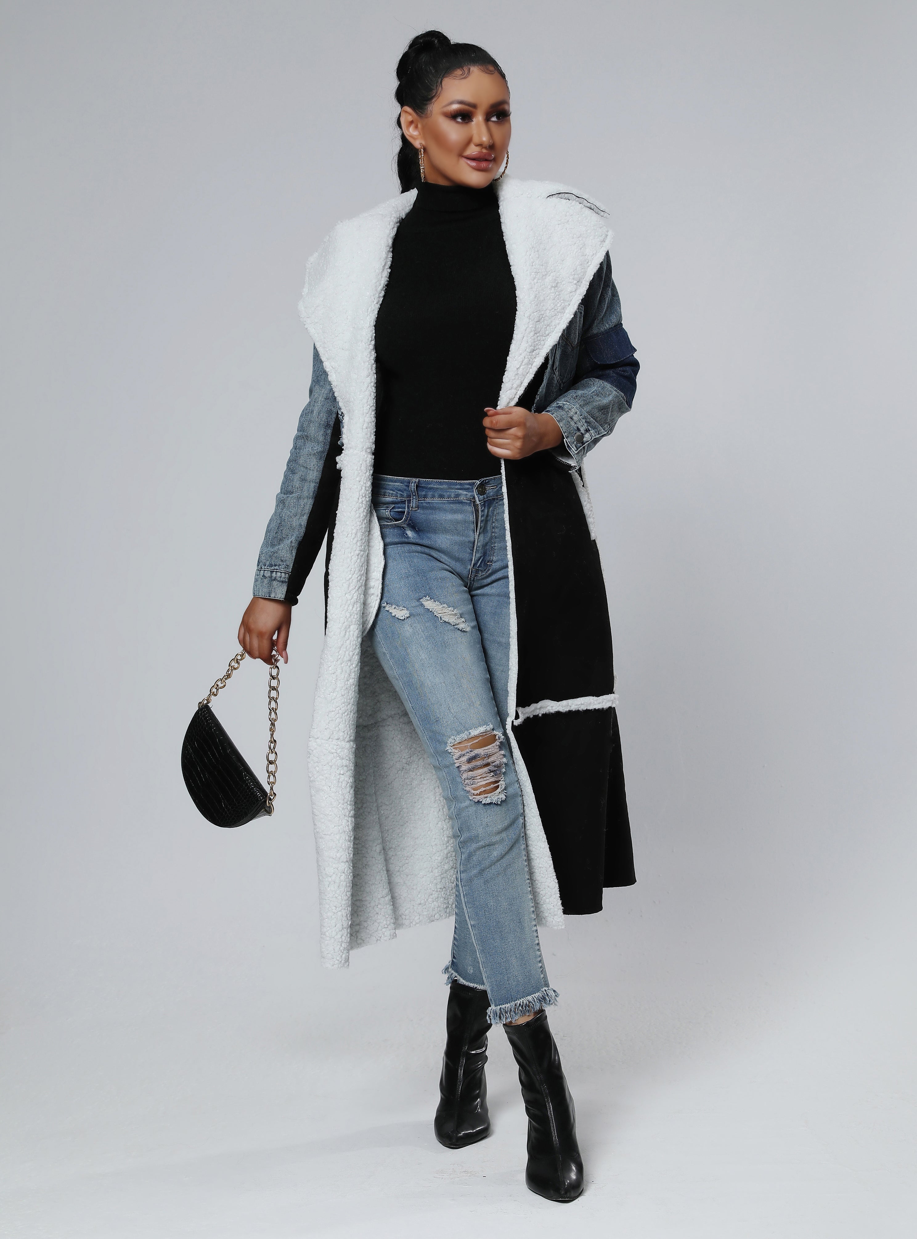 Winter Stitching Fur & Denim Coat Long Outerwear