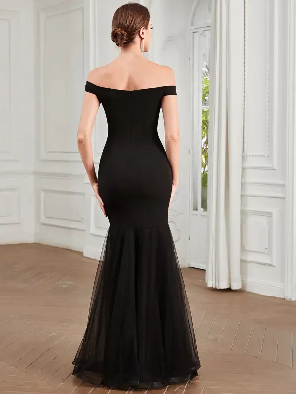 V Neck Floor Length Off Shoulders Fishtail Wholesale Evening Dresses