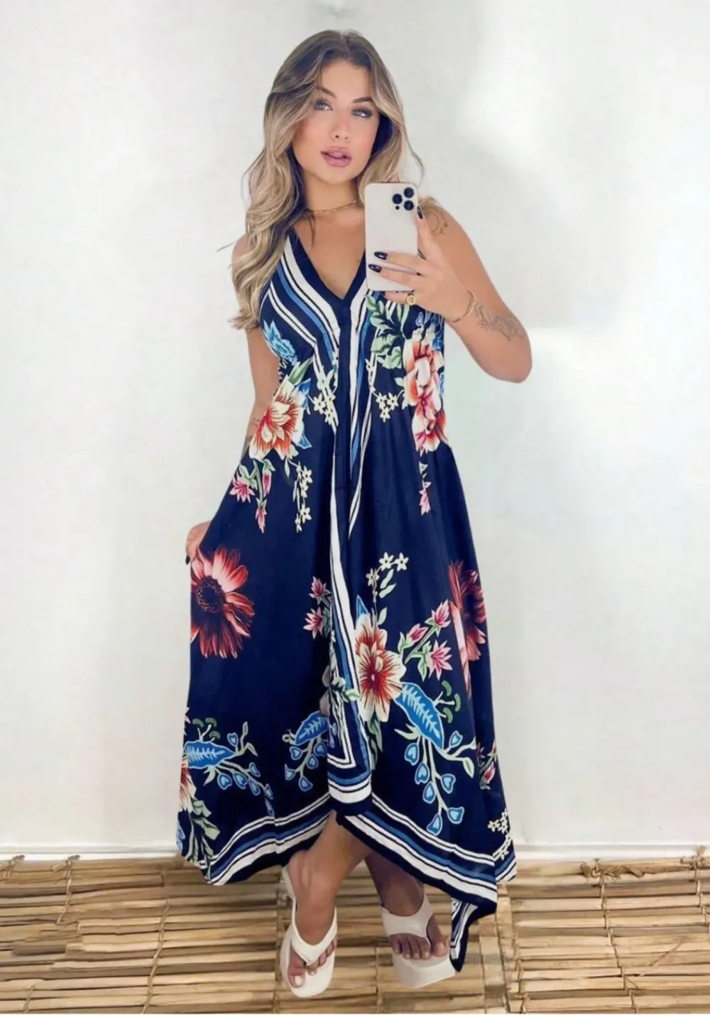 Indian Long Dress with Floral Scarf on Blue Background 01