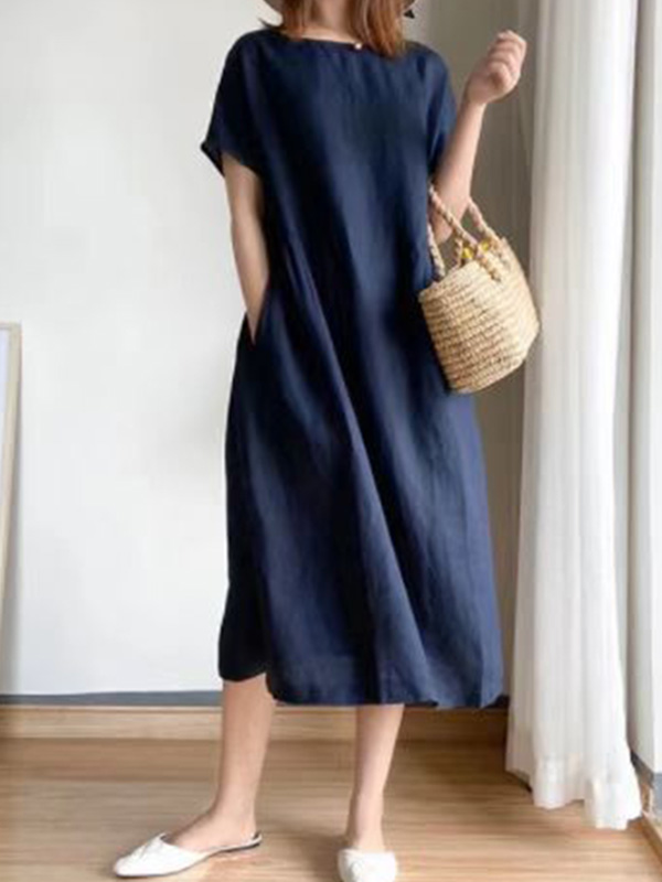 Casual Loose Solid Color Round-Neck Midi Dresses