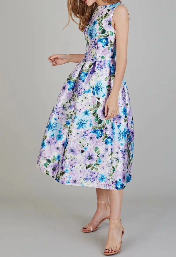 FLOWERY SCENERY SLEEVELESS MIDI DRESS