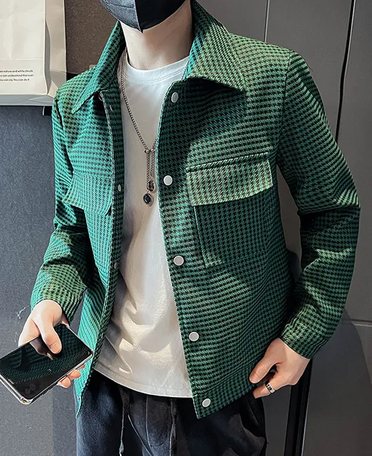 Fashion Turndown Collar Buttons Pocket Design Houndstooth Jacket