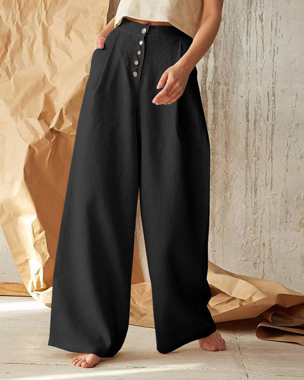 Casual Button Linen Wide-Leg Pants