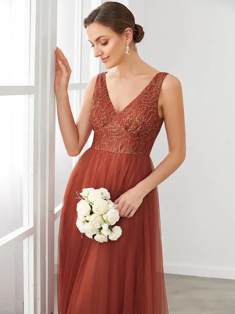 Backless Deep V Neck Sleeveless A Line Wholesale Bridesmaid Dresses