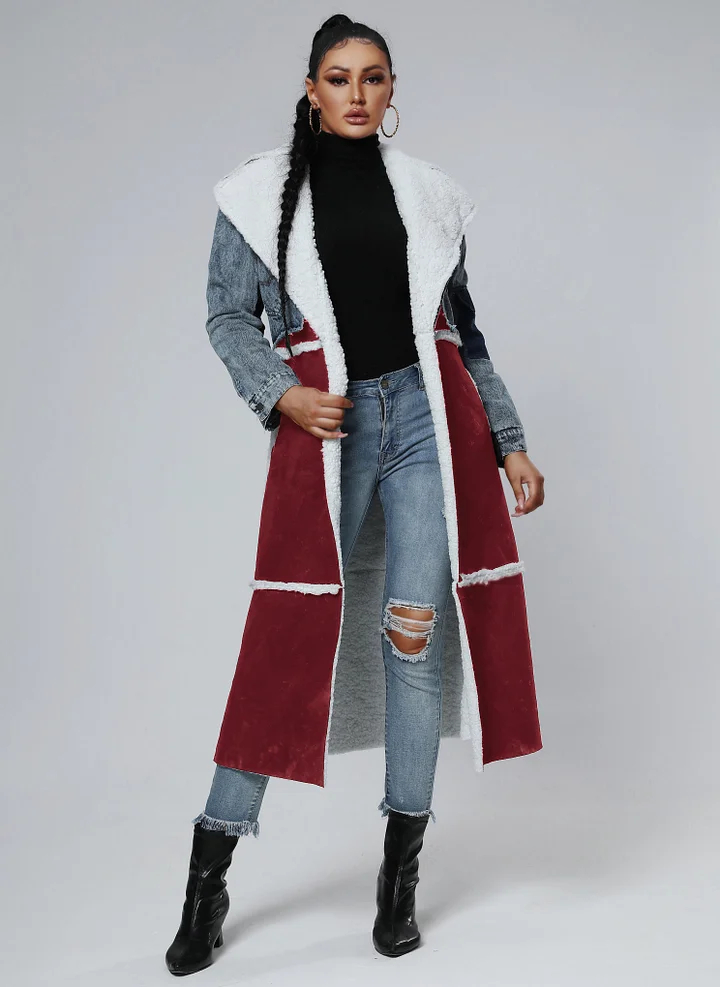 Stitching Fur & Denim Coat Long Outerwear