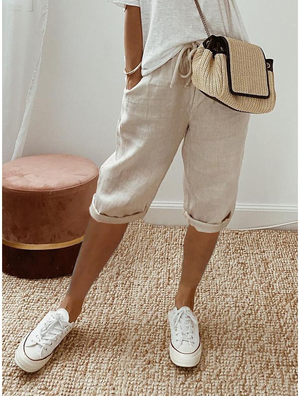 Solid Color Cotton and Linen Pocket Elastic Waist Cropped Pants