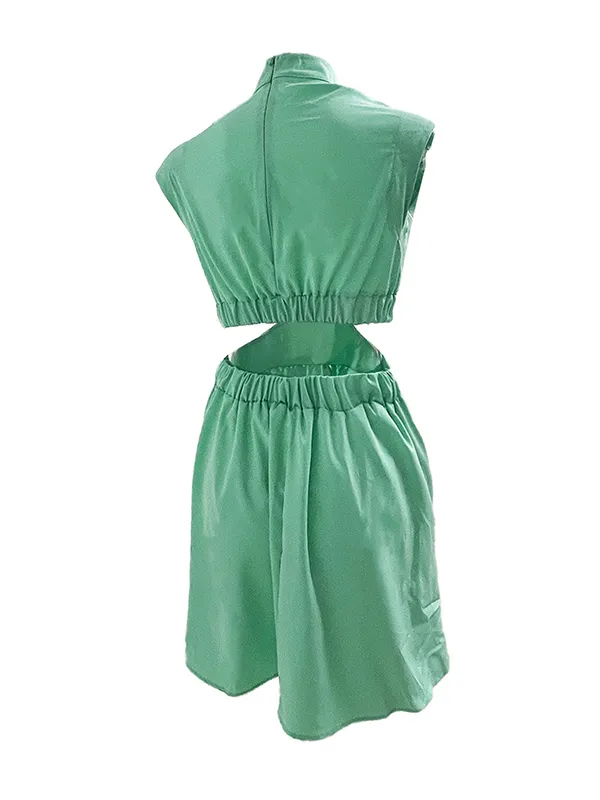 Skinny Belly-Hollow Pleated Solid Color Stand Collar Mini Dresses