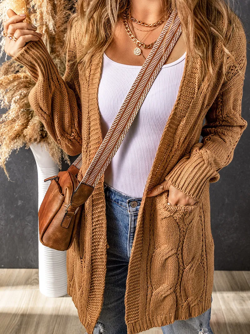 Khaki Ribbed Trim Eyelet Cable Knit Cardigan