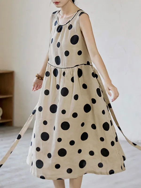 Loose Sleeveless Contrast Color Pleated Polka-Dot Split-Joint Tied Waist Round-Neck Midi Dresses