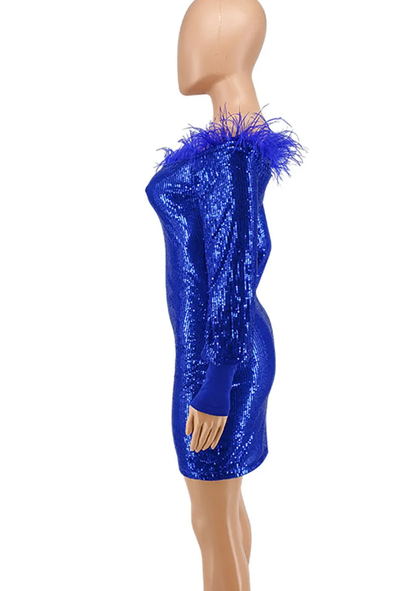 Blue Sexy Solid Sequins Patchwork Feathers Off the Shoulder Pencil Skirt Dresses