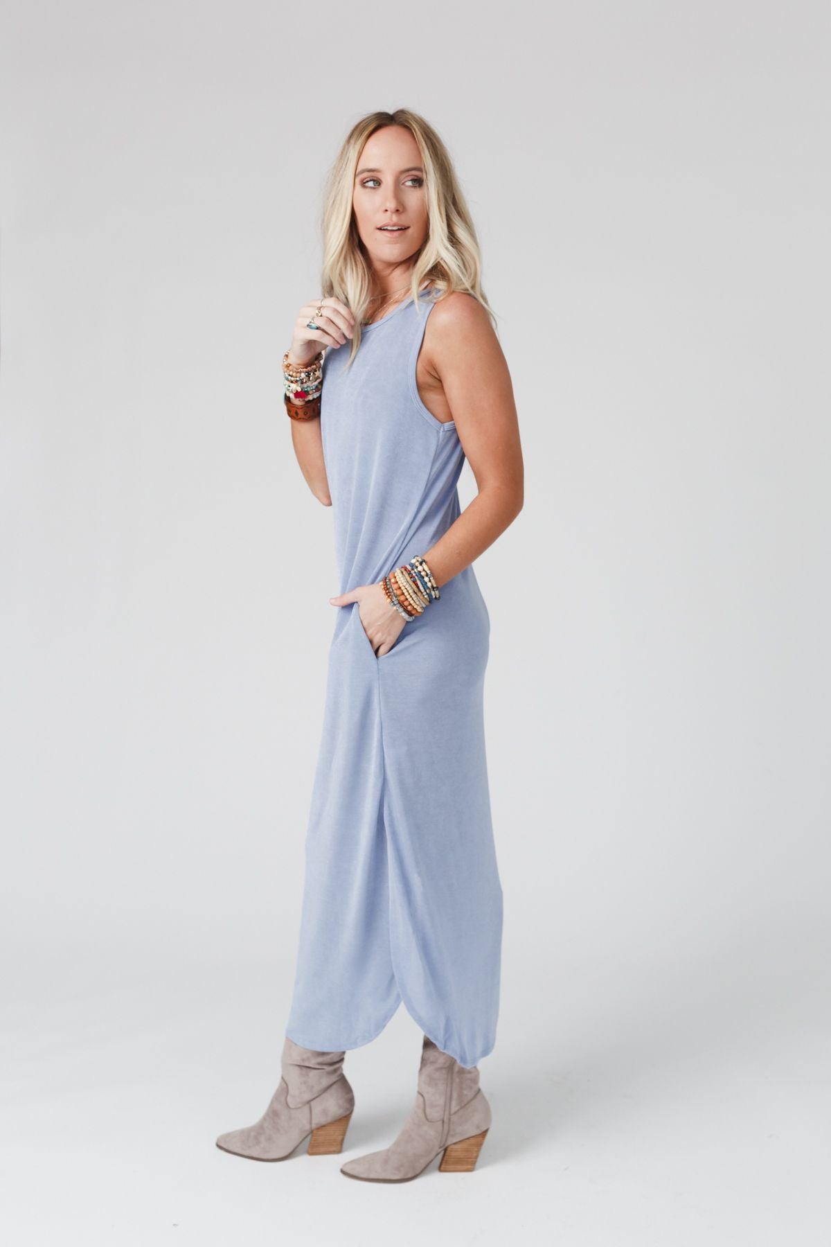 Cassie Sleeveless Pocket Slinky Maxi Dress - Light Blue