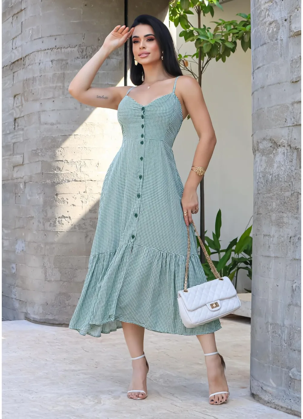 VICHY BUTTON MIDI DRESS