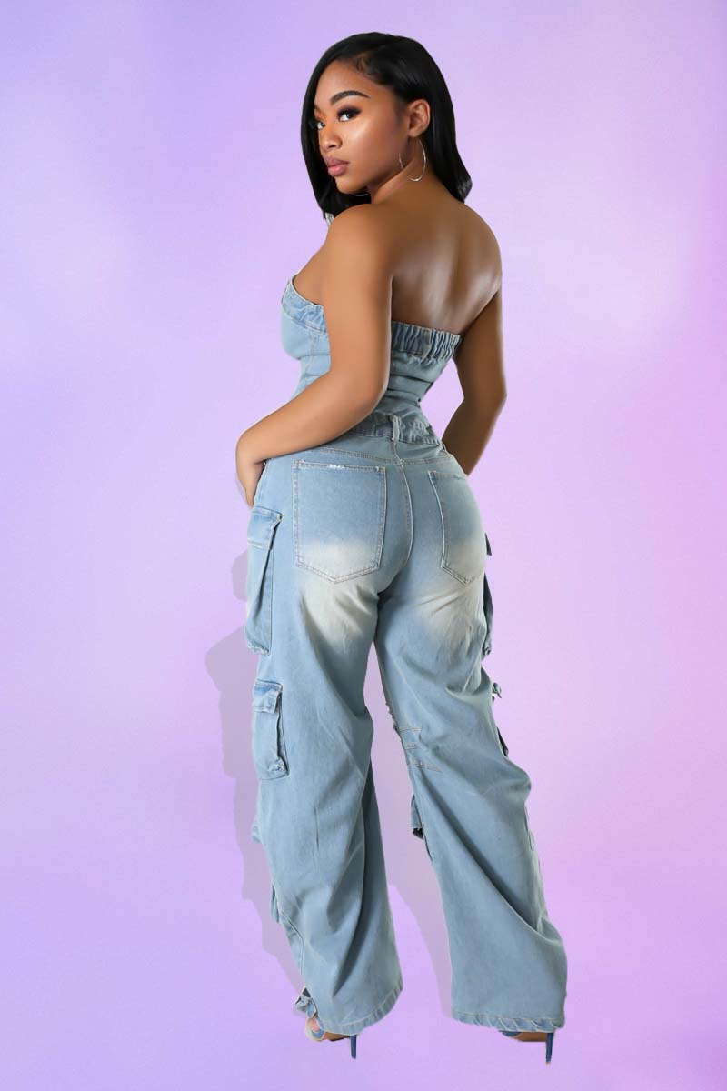 Strapless Denim Multi Pocket Button Cargo Jumpsuit [Pre Order]