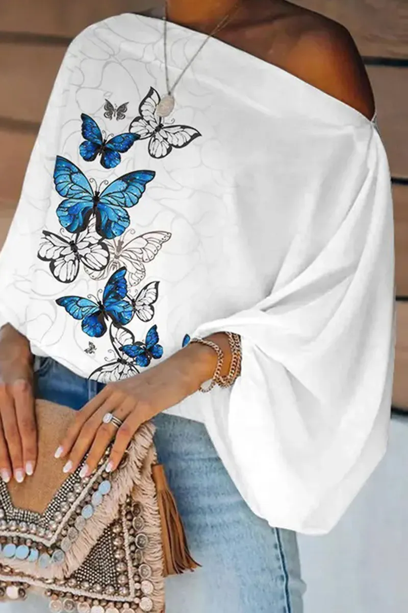 Blue Fashion Casual Print Patchwork Off the Shoulder Tops