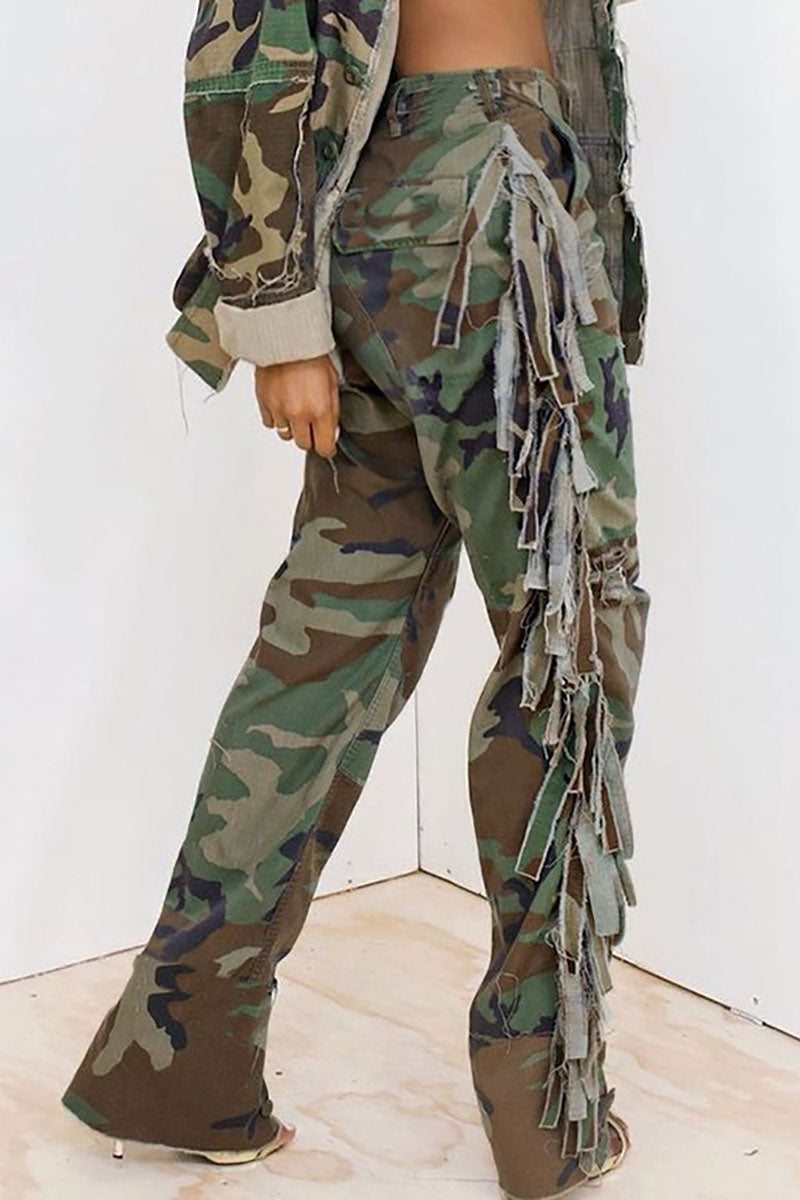 Fringed Camo Print Tied Waist Pocket Casual Pants