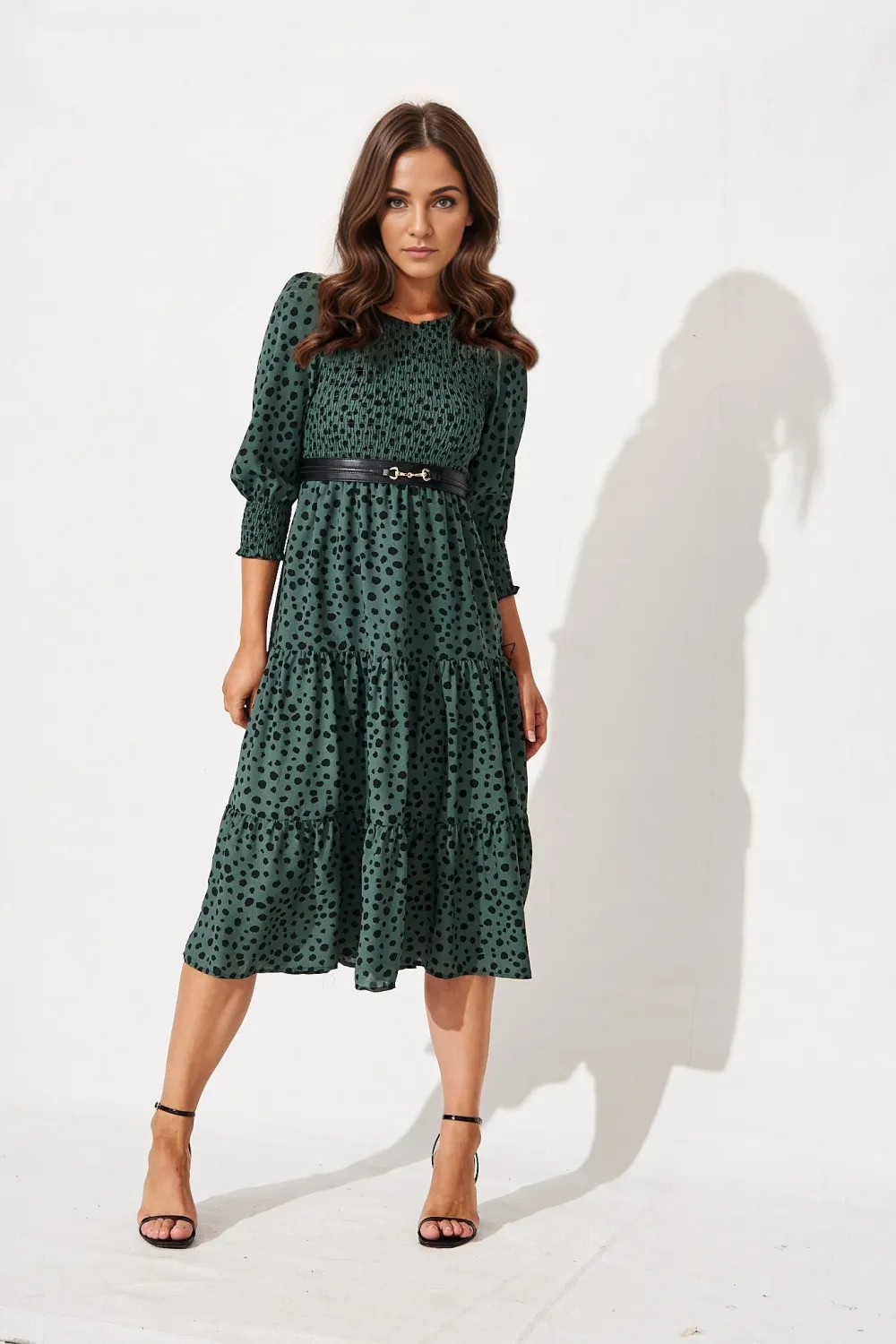 Jaseline Midi Dress In Dusty Green With Black Speckle