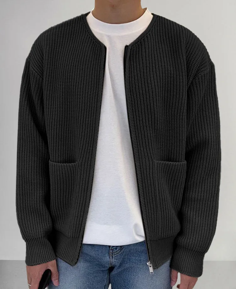 Solid Crew Neck Zipper Pockets Long Sleeve Sweater