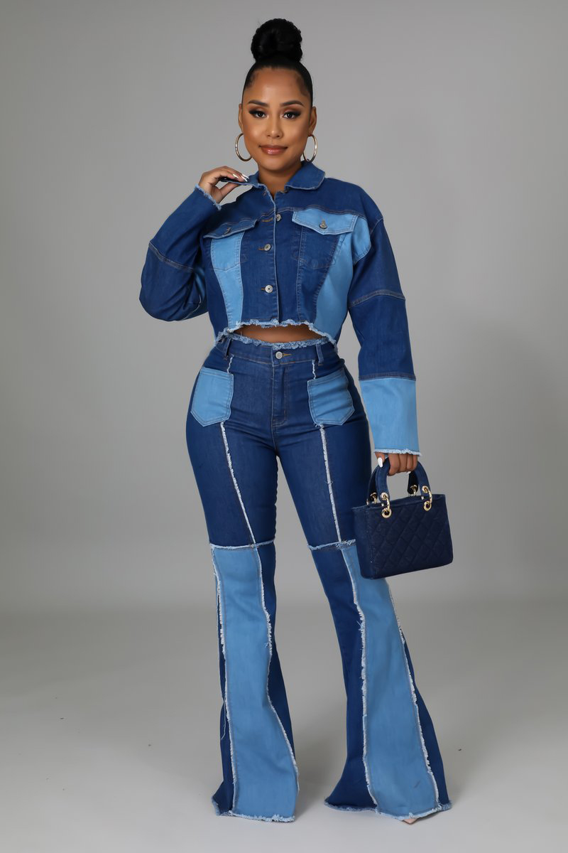 Denim Short Collar Jacket Two Piece Set