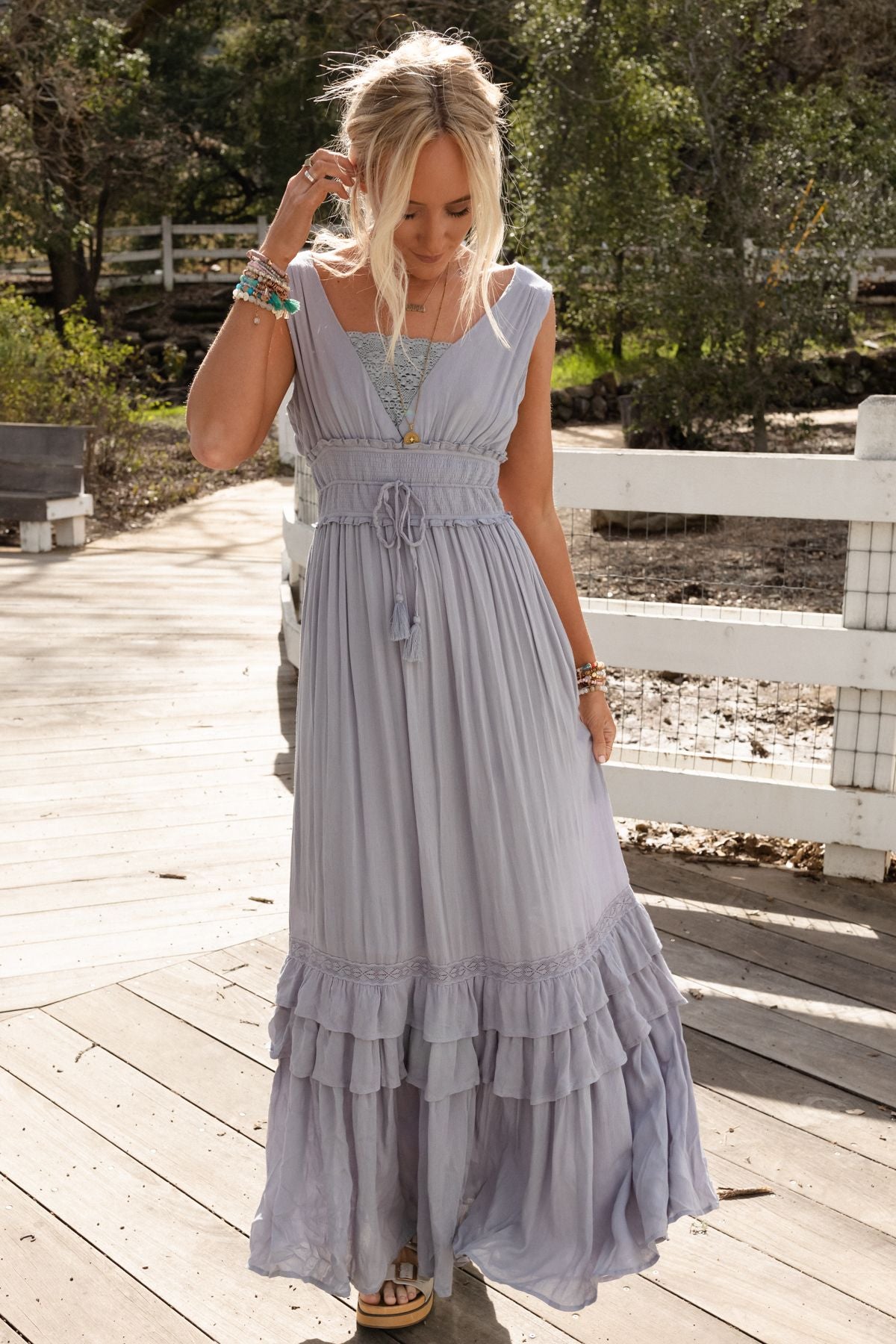 Santa Maria Tiered Lace Maxi Dress - Washed Gray