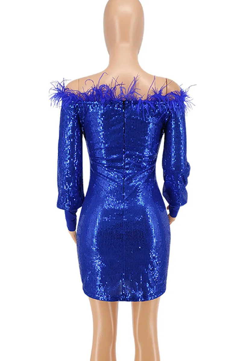 Blue Sexy Solid Sequins Patchwork Feathers Off the Shoulder Pencil Skirt Dresses