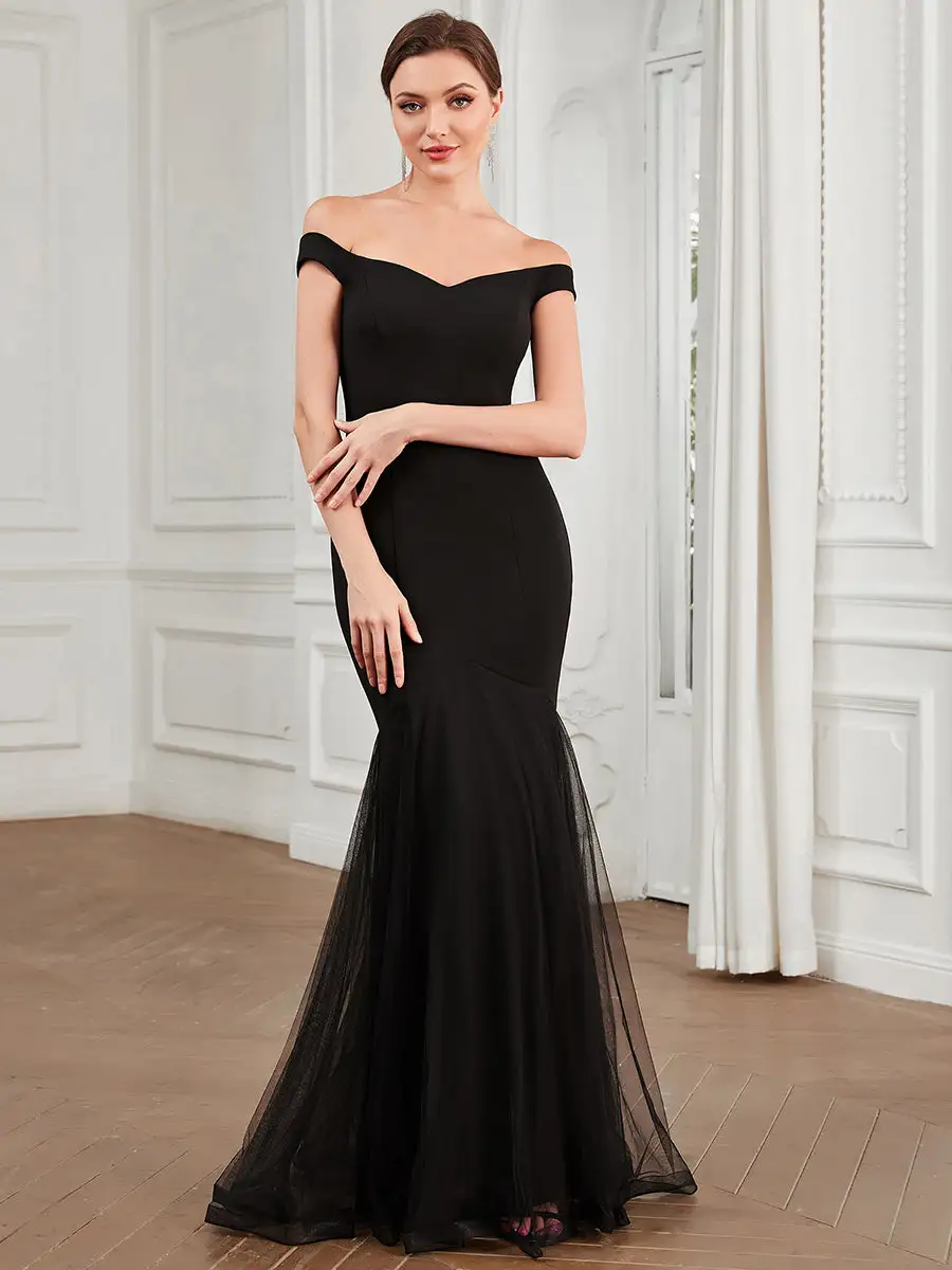 V Neck Floor Length Off Shoulders Fishtail Wholesale Evening Dresses