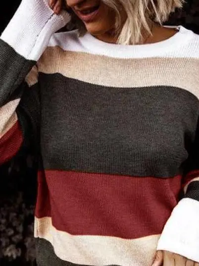 Women's Sweaters Colored Striped Loose Round Neck Sweater