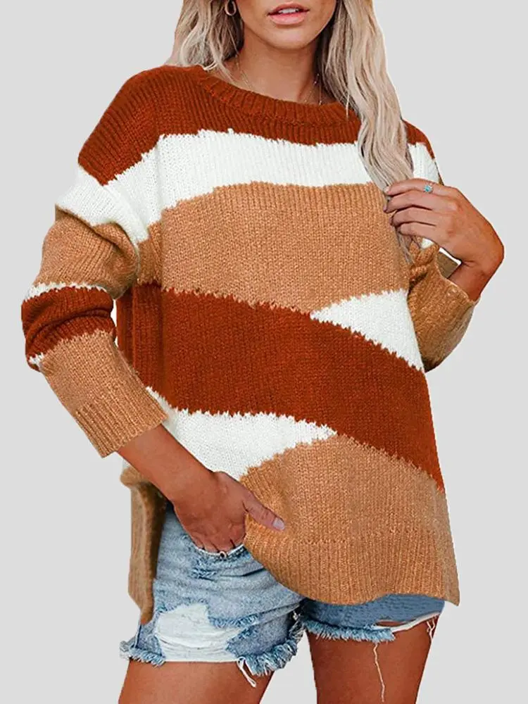 Women's Sweaters Colorblock Striped Irregular Long Sleeve Sweater
