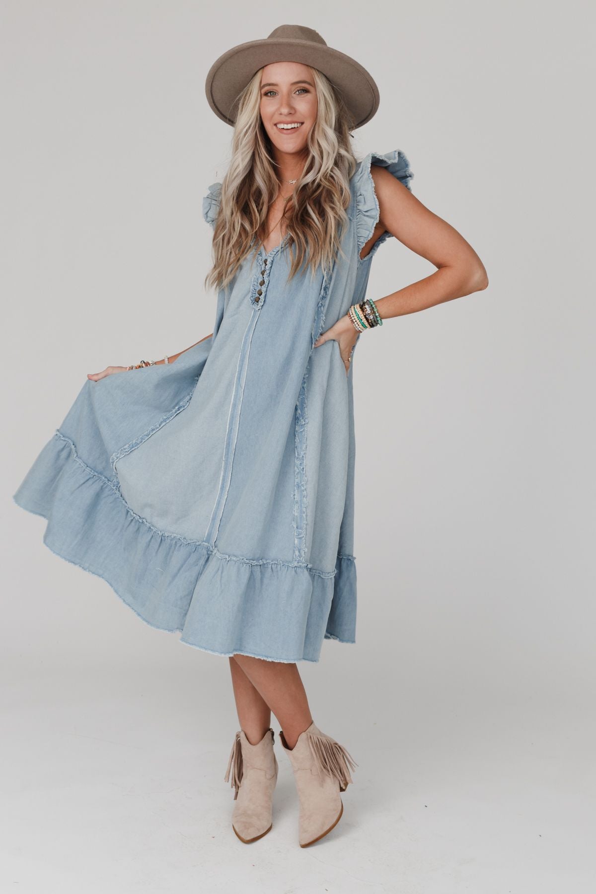 Clayton Ruffle Denim Dress - Denim