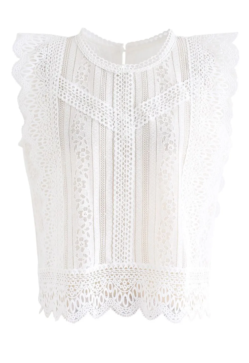 CROCHET TRIM SLEEVELESS LACE TOP IN WHITE