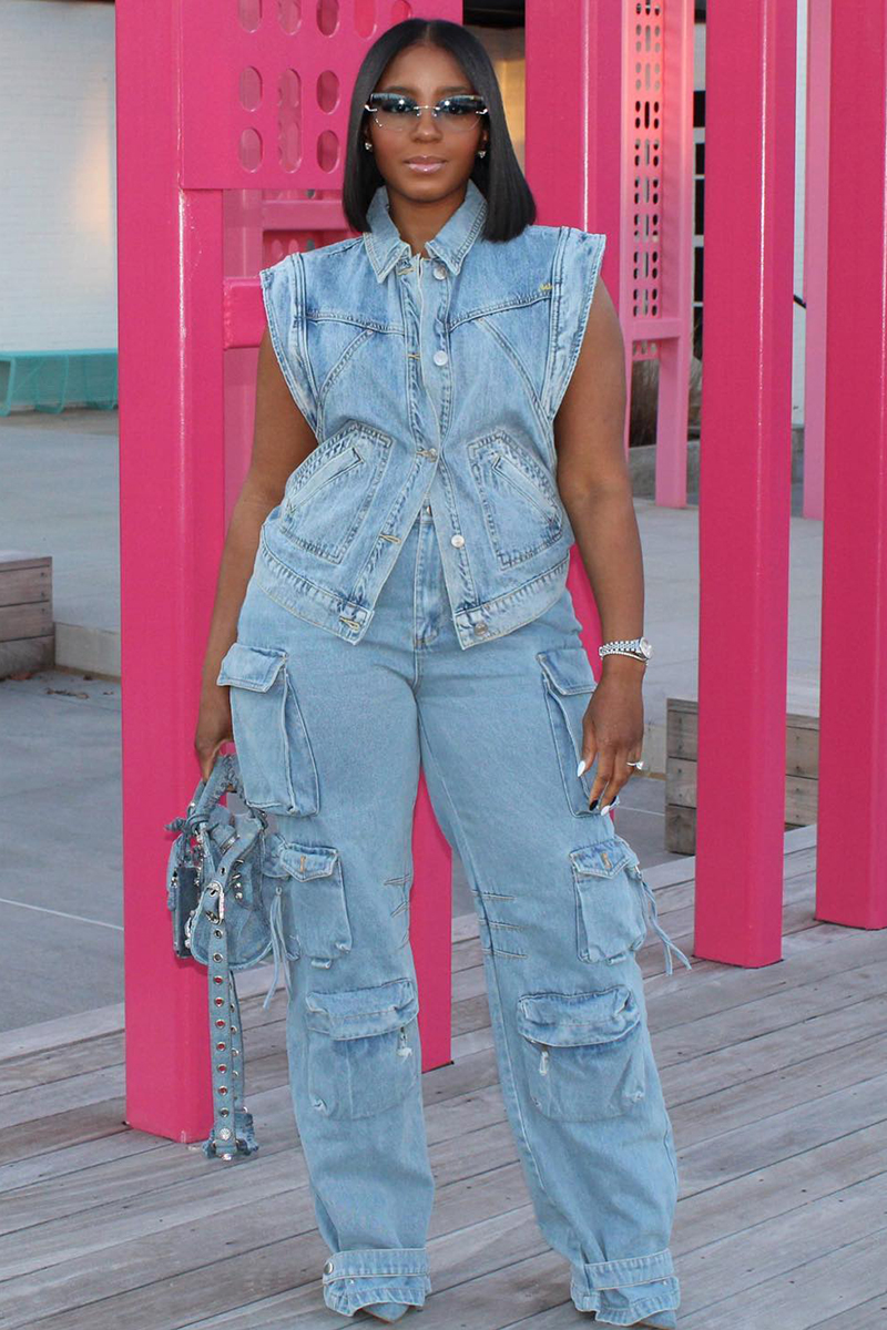 Sleeveless Button Up Denim Jacket Wide Leg Pockets Jeans Matching Set